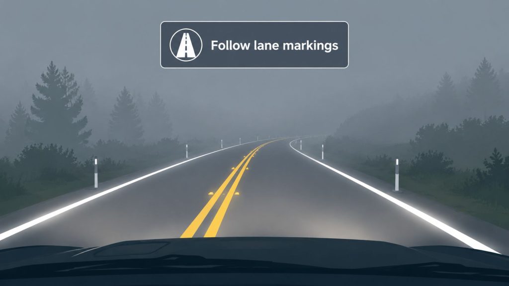 A car driving on a road at night in dense fog, guided by glowing lane markings.