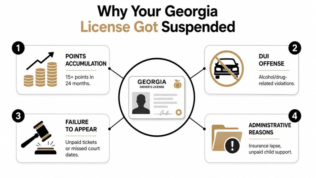 An infographic detailing four main reasons for a driver's license suspension in the state of Georgia.
