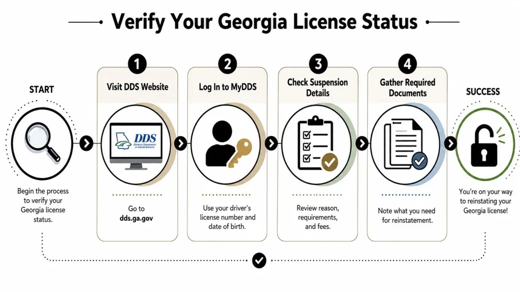 An infographic showing the four steps to verify and reinstate a suspended Georgia driver's license online.