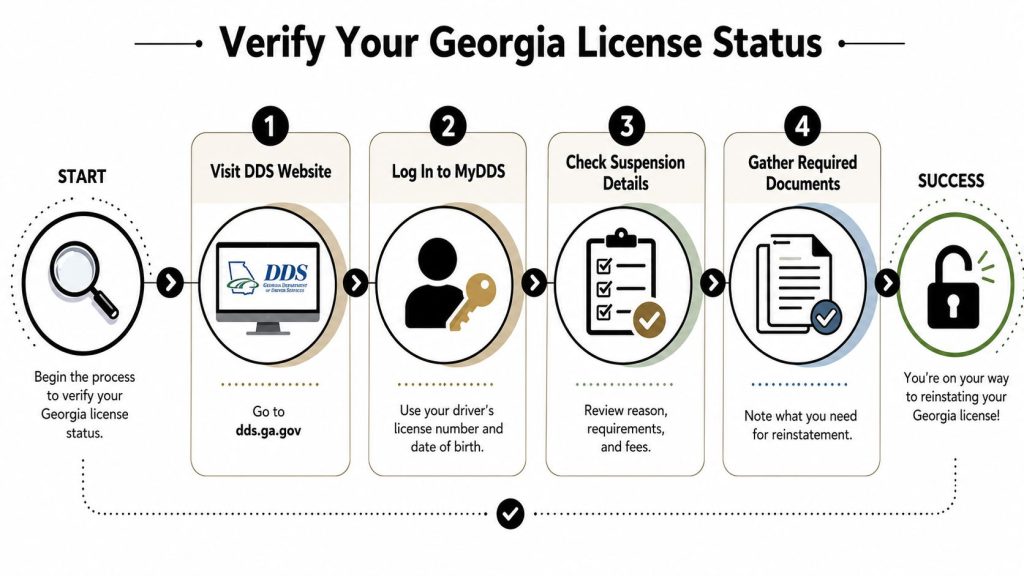 An infographic showing the four steps to verify and reinstate a suspended Georgia driver's license online.
