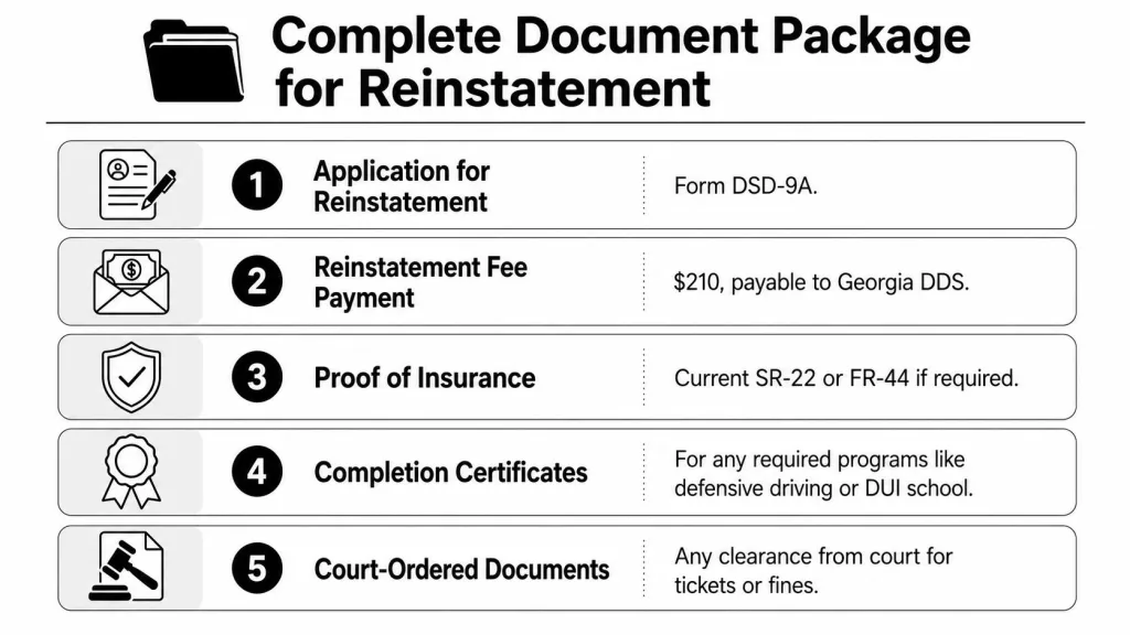 A checklist infographic outlining the five required documents for Georgia driver's license reinstatement procedures.