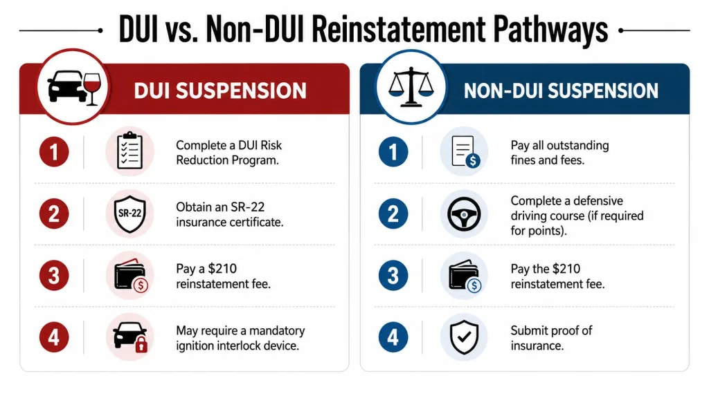 A comparison chart outlining the four-step reinstatement pathways for DUI versus non-DUI driver license suspensions.