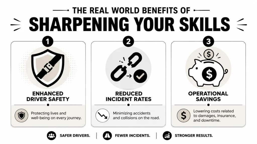 An infographic illustrating three key benefits of driver training: enhanced safety, reduced incident rates, and operational savings.