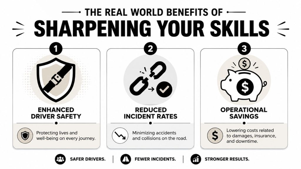 An infographic illustrating three key benefits of driver training: enhanced safety, reduced incident rates, and operational savings.