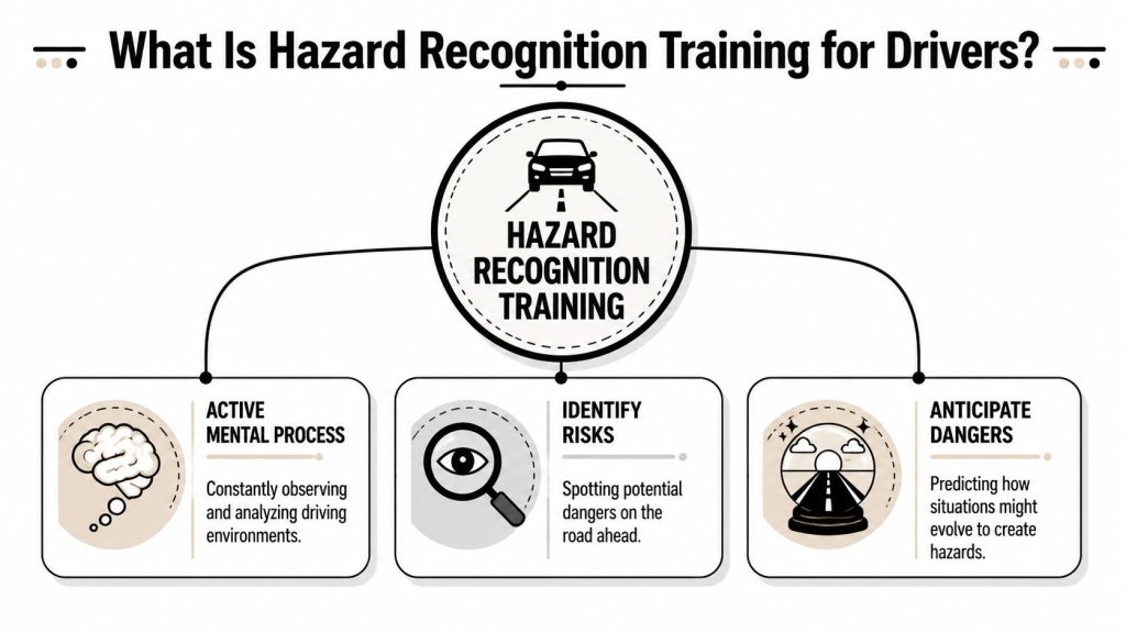 An infographic titled Hazard Recognition Training explaining it involves active mental processes, identifying risks, and anticipating dangers.