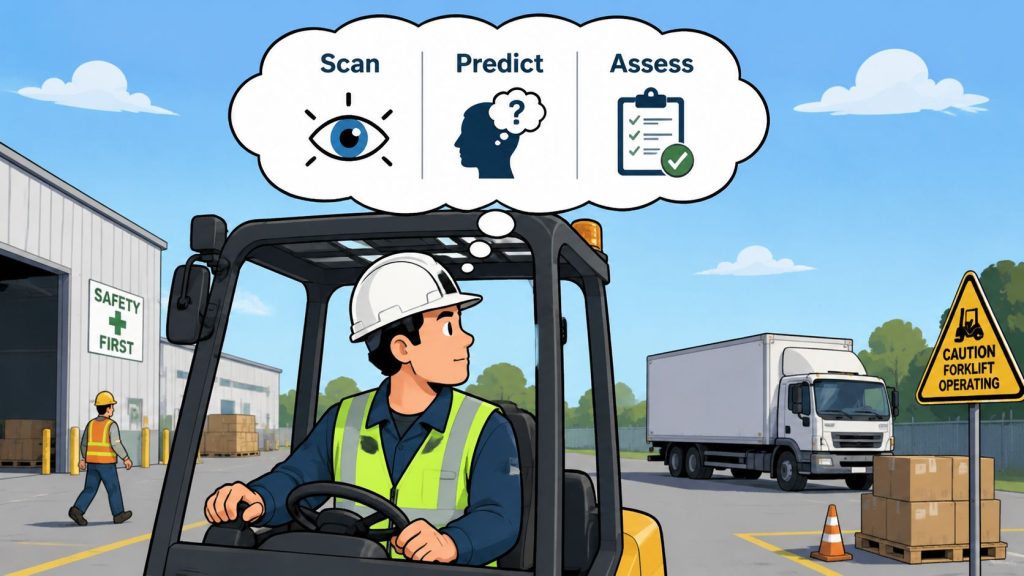A forklift driver visualizing the safety process of scan, predict, and assess in a warehouse environment.