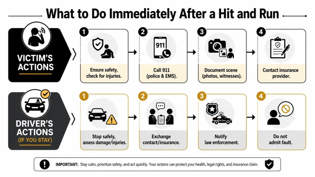 A clear infographic outlining the essential steps for both victims and drivers after a hit and run accident.