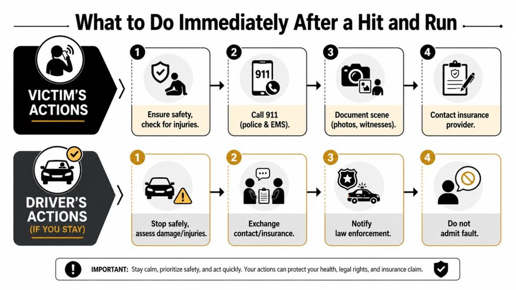A clear infographic outlining the essential steps for both victims and drivers after a hit and run accident.