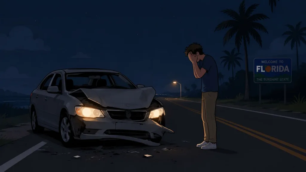 A man stands beside a heavily damaged car at night in front of a welcome to Florida sign.