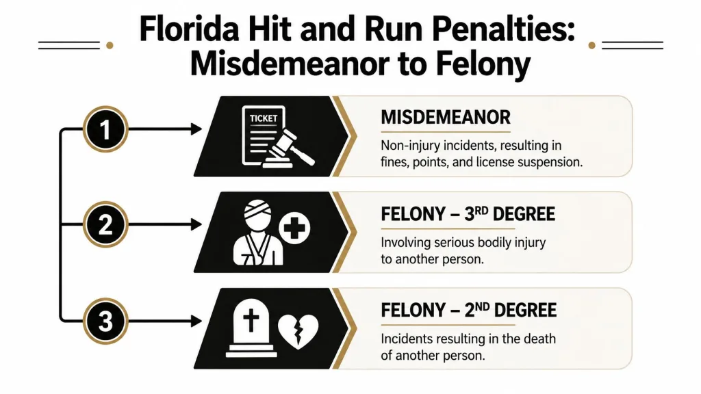 An infographic detailing the classification and penalties for hit and run incidents in Florida.