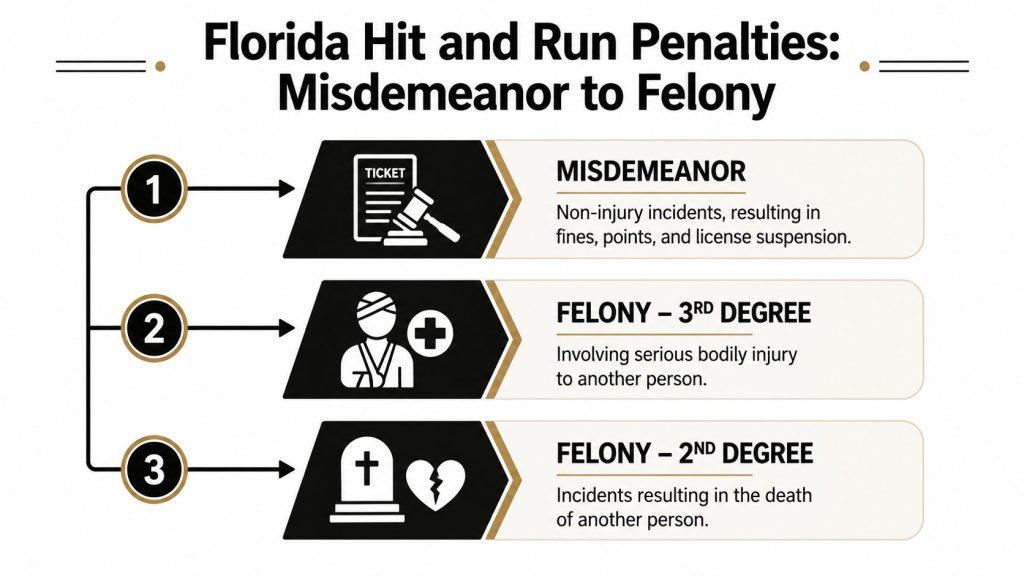 An infographic detailing the classification and penalties for hit and run incidents in Florida.