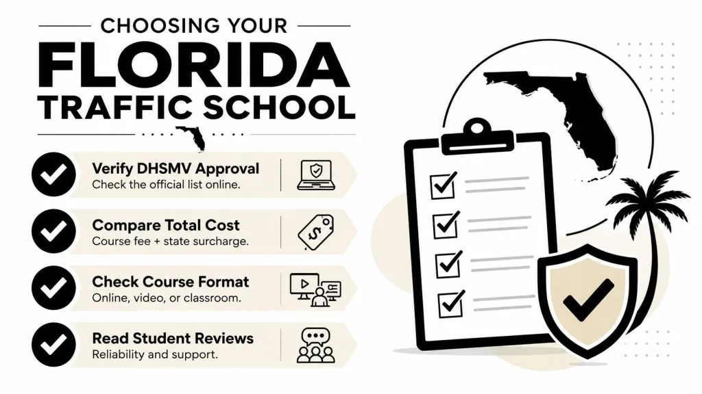 A guide infographic showing four essential tips for selecting an approved Florida traffic school course online.