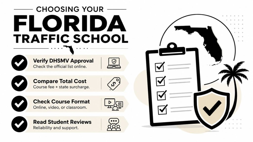 A guide infographic showing four essential tips for selecting an approved Florida traffic school course online.