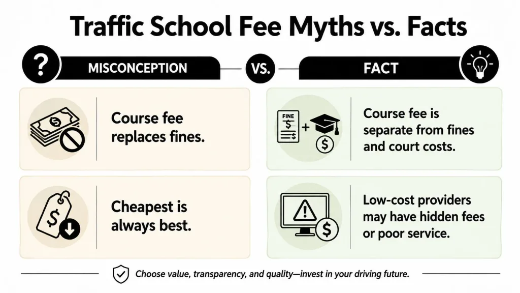 A comparison chart showing common myths versus facts regarding the costs of attending traffic school programs.