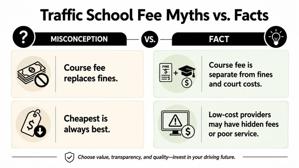 A comparison chart showing common myths versus facts regarding the costs of attending traffic school programs.