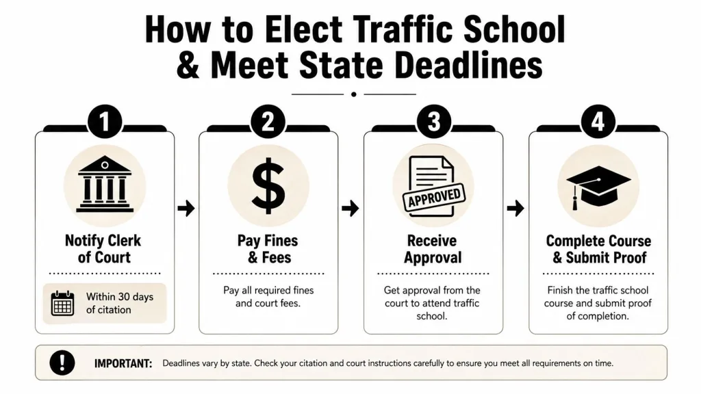A step-by-step infographic explaining the process to elect traffic school and meet state deadline requirements.
