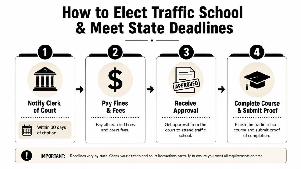 A step-by-step infographic explaining the process to elect traffic school and meet state deadline requirements.