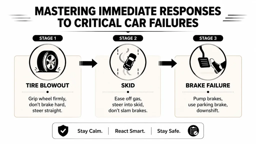 A safety infographic illustrating how to handle critical car failures like tire blowouts, skids, and brake failures.
