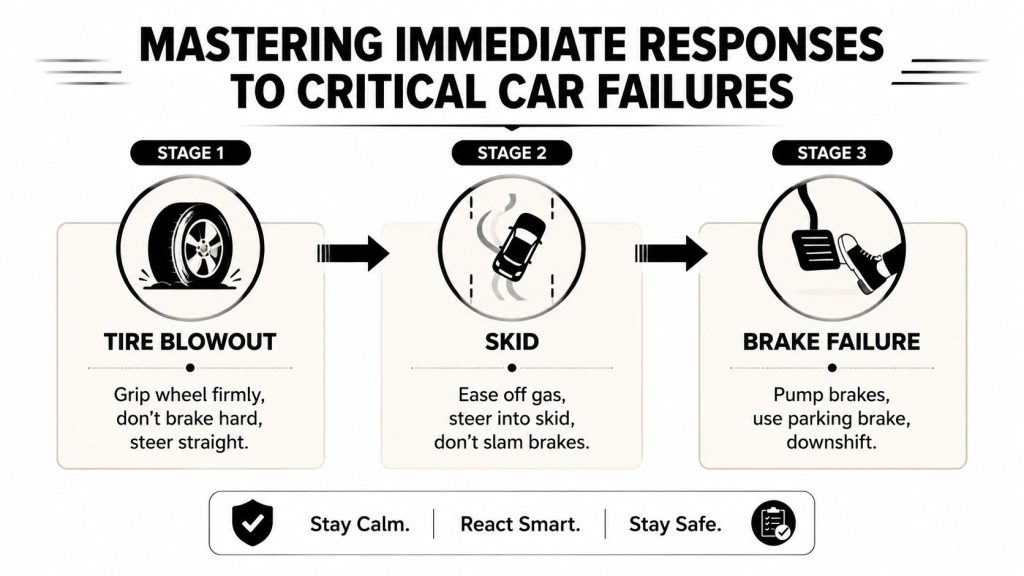 A safety infographic illustrating how to handle critical car failures like tire blowouts, skids, and brake failures.