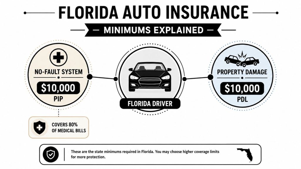 An infographic showing Florida's mandatory auto insurance minimums for PIP and PDL coverage for drivers.