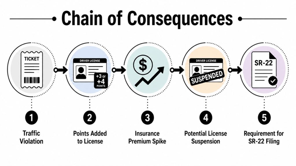 A five-step flowchart titled Chain of Consequences showing how traffic violations lead to driver license issues and insurance requirements.