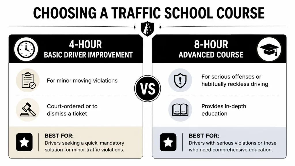A comparison chart showing differences between a 4-hour basic and 8-hour advanced traffic school course for drivers.