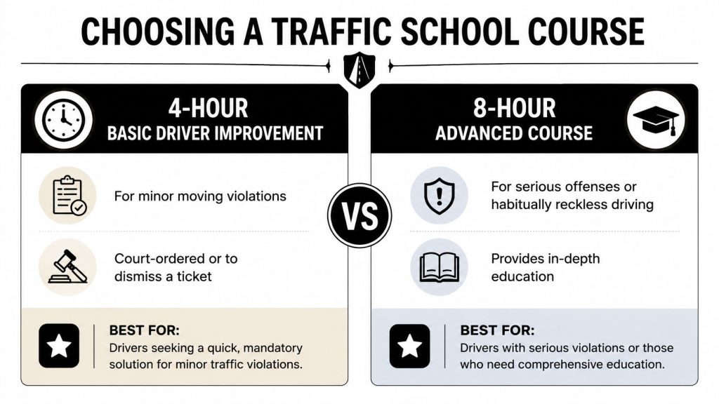 A comparison chart showing differences between a 4-hour basic and 8-hour advanced traffic school course for drivers.