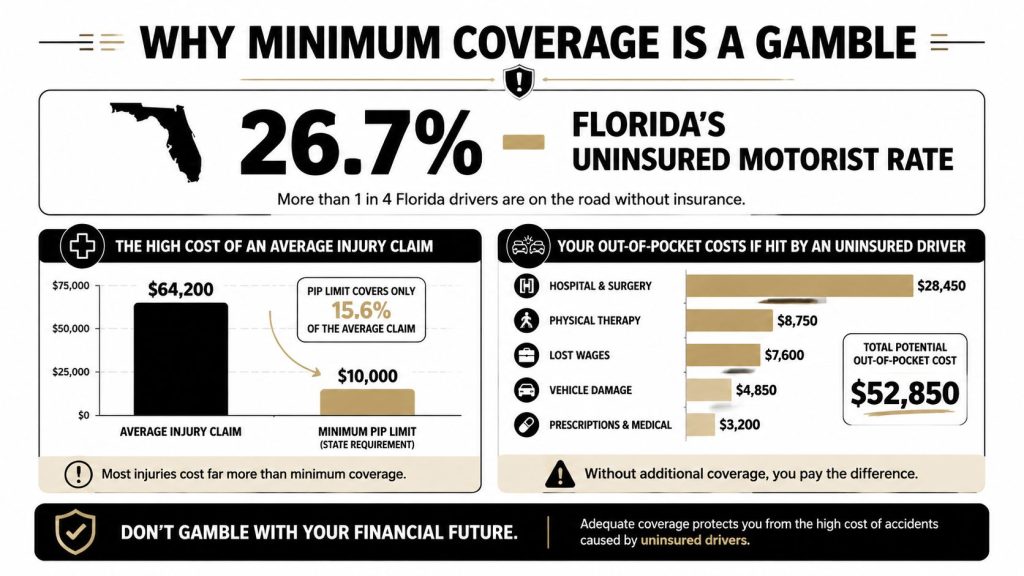 An infographic showing that Florida's uninsured motorist rate is 26.7 percent, highlighting financial risks of minimum coverage.