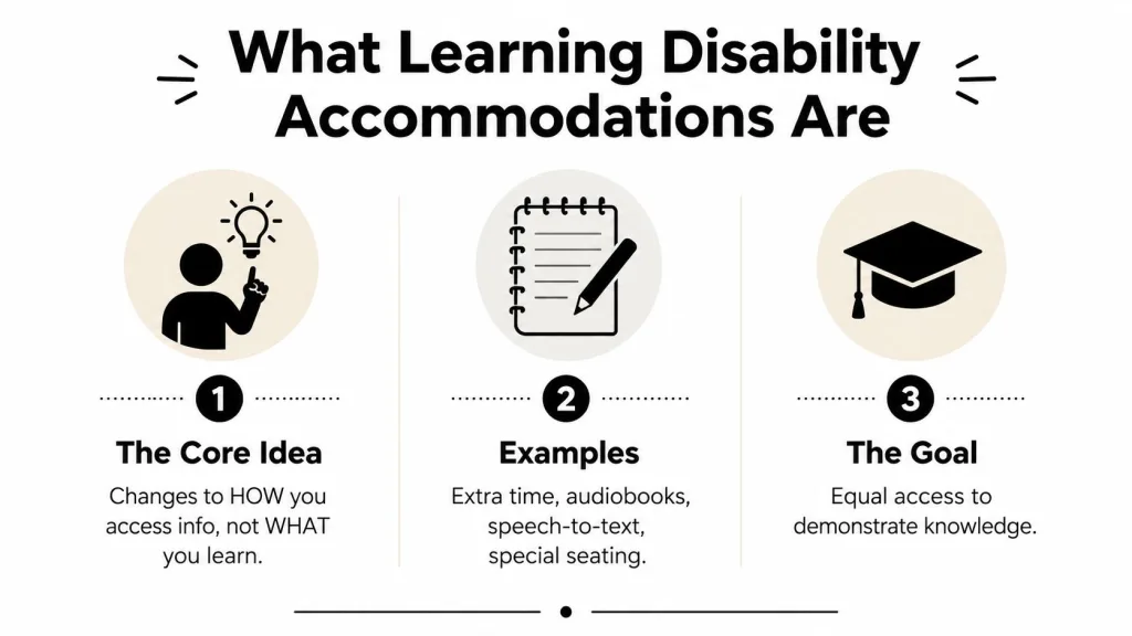 An infographic explaining learning disability accommodations with three sections about the core idea, examples, and the goal.