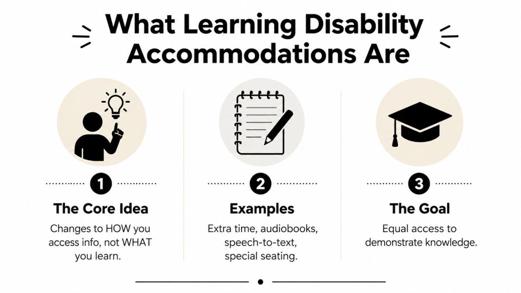 An infographic explaining learning disability accommodations with three sections about the core idea, examples, and the goal.