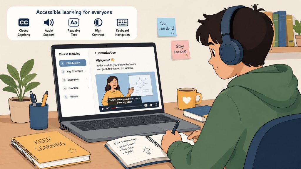 A student using accessible learning tools on a laptop for online education while taking notes at home.