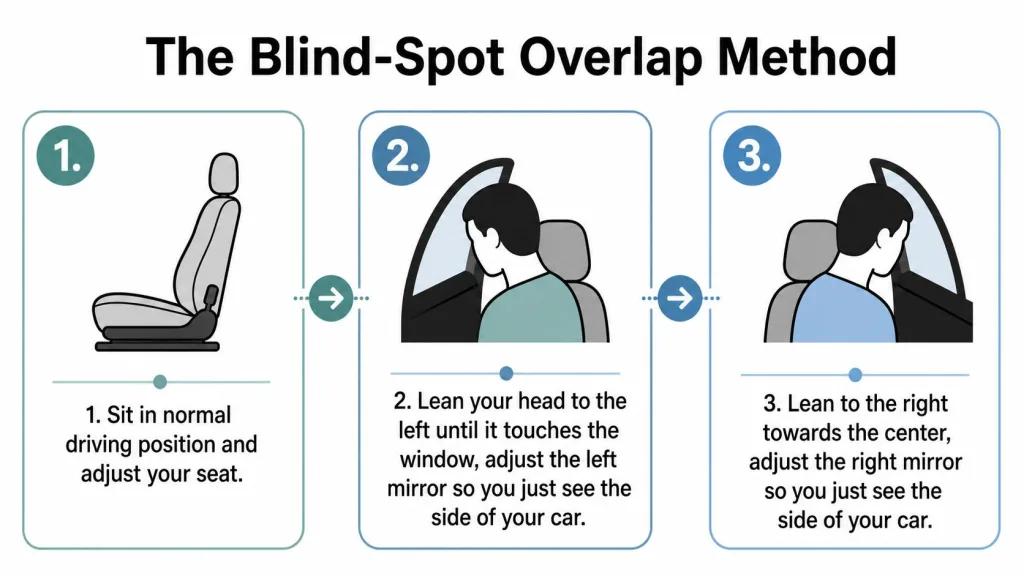 A three-step infographic showing how to properly adjust car mirrors to eliminate vehicle blind spots.