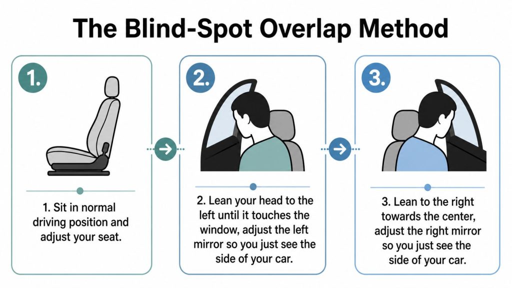 A three-step infographic showing how to properly adjust car mirrors to eliminate vehicle blind spots.