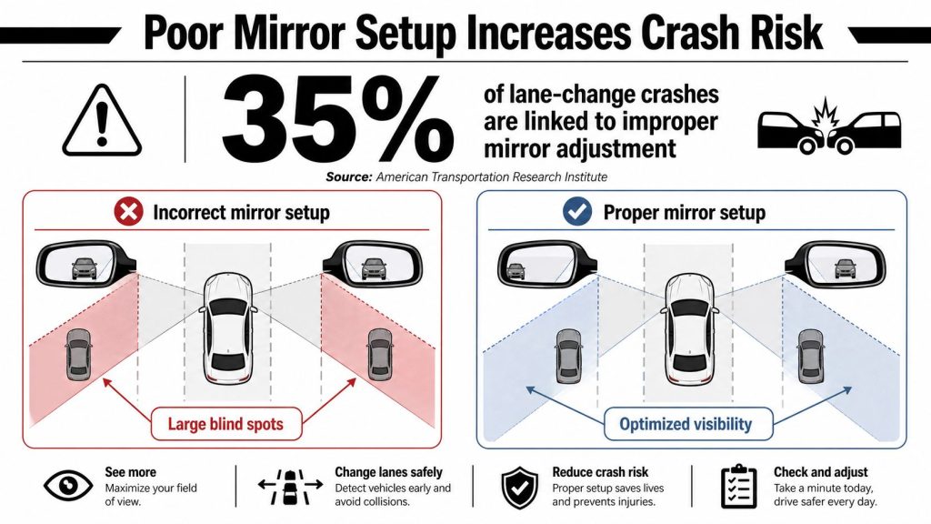 An infographic comparing incorrect and proper car mirror setups to reduce the risk of lane-change crashes.