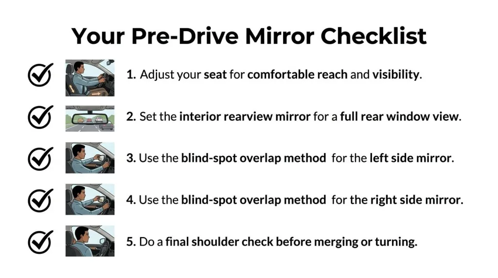 A five-step checklist illustrating the proper procedure for adjusting vehicle mirrors to ensure safe driving visibility.