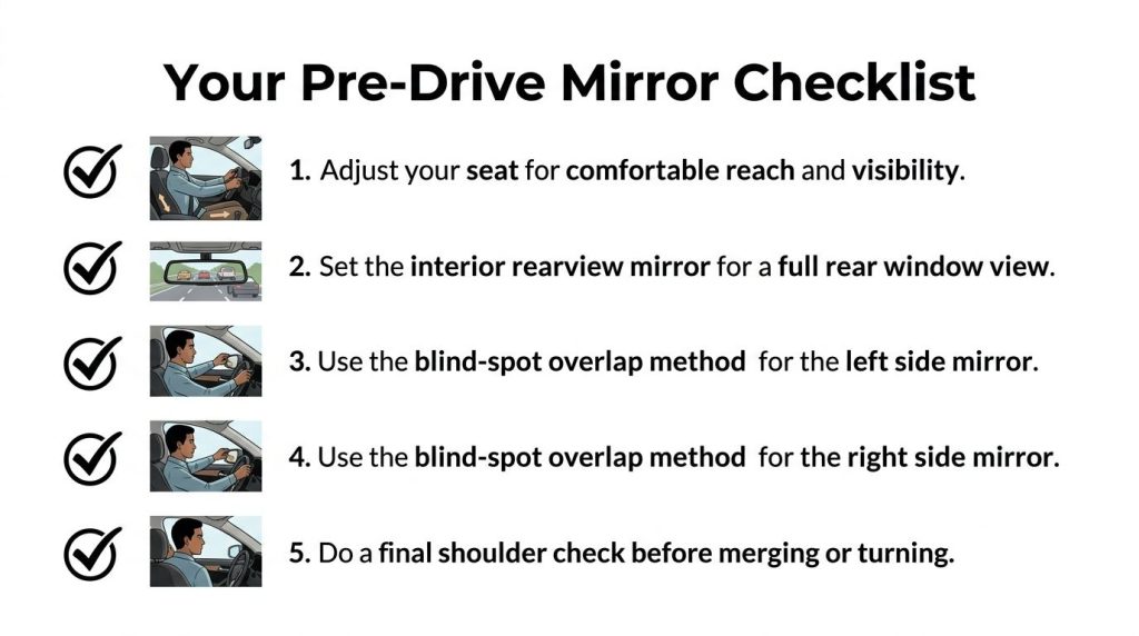 A five-step checklist illustrating the proper procedure for adjusting vehicle mirrors to ensure safe driving visibility.