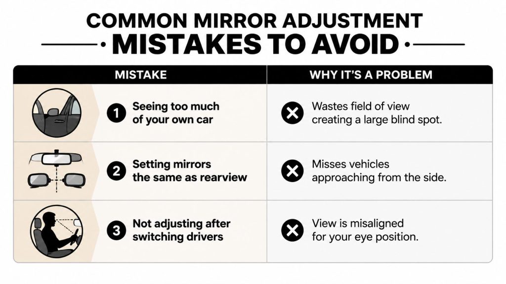 An infographic showing three common car mirror adjustment mistakes and the problems they cause for drivers.
