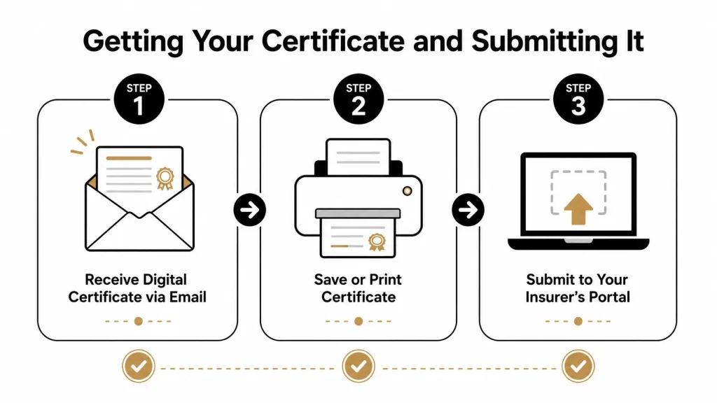 A three-step infographic showing how to receive, save or print, and submit a digital certificate online.