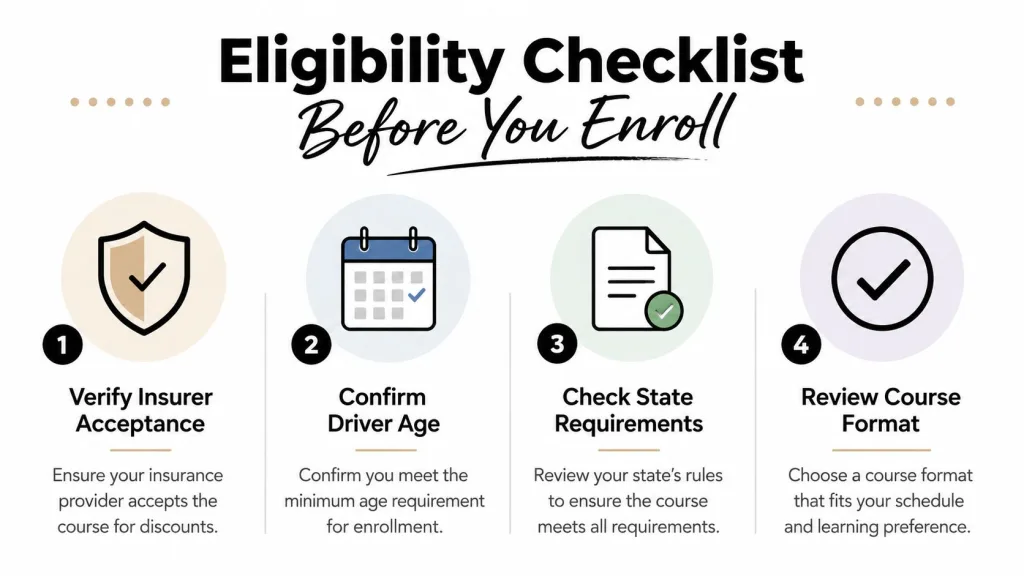 A four-step infographic illustrating an eligibility checklist for enrollment in an online driving course.