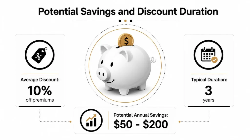 A graphic showing potential savings and discount duration for insurance plans, including discount percentages and savings amounts.