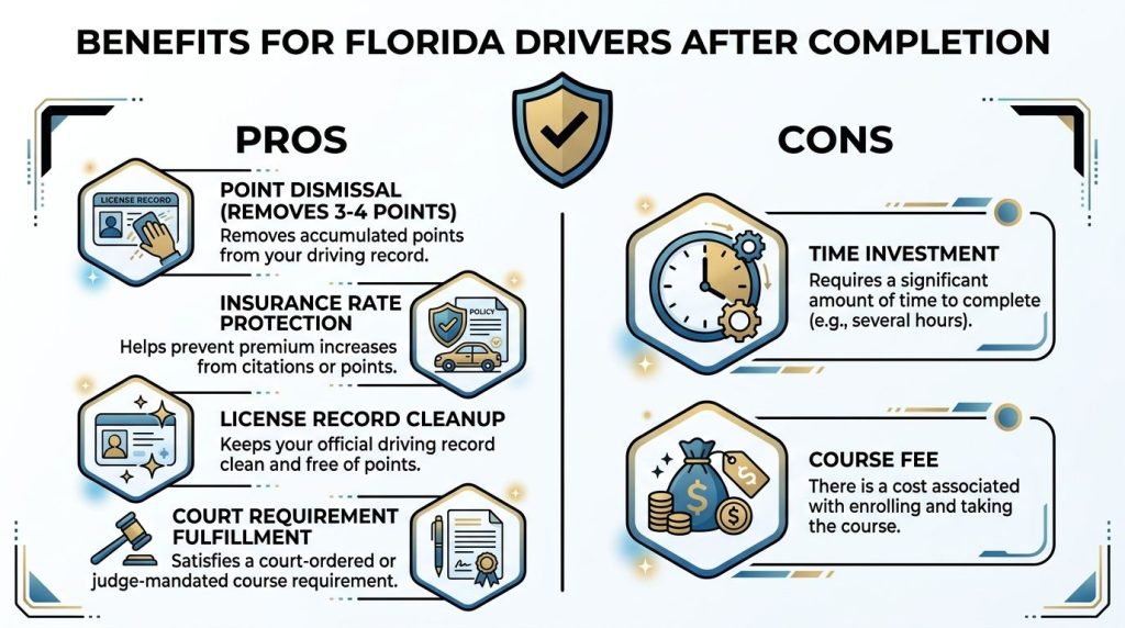 An infographic highlighting the pros and cons of completing a Florida driver improvement traffic school course.