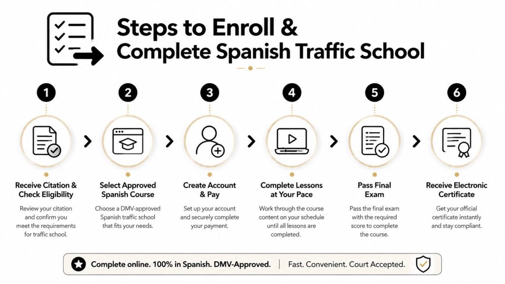 A six-step infographic detailing the enrollment process for an online Spanish traffic school course.