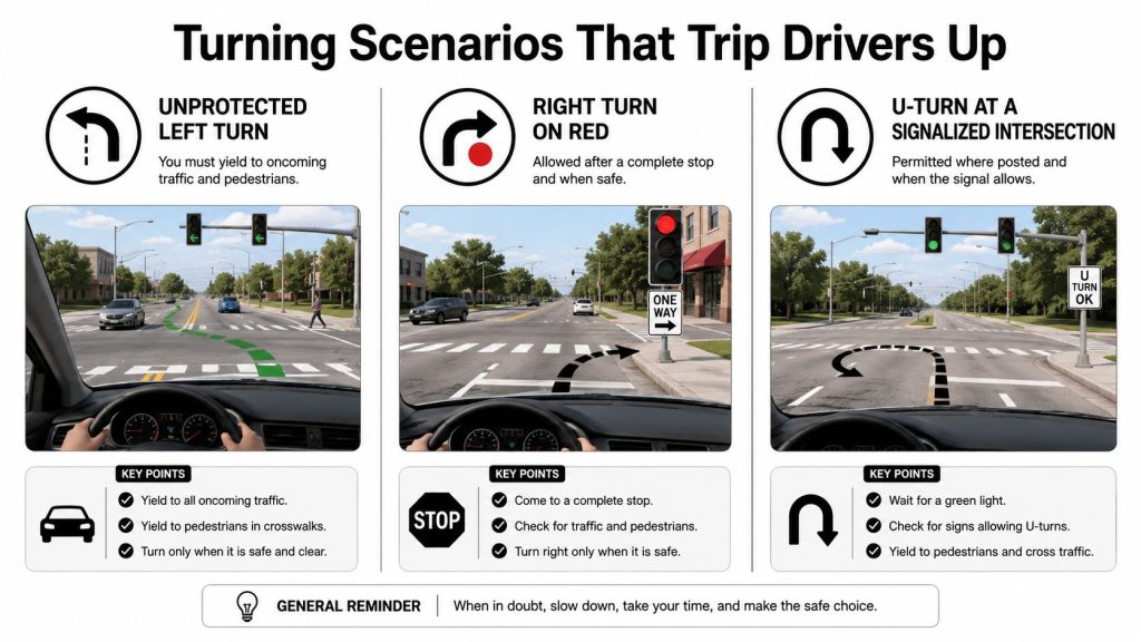 An infographic showing safe driving procedures for unprotected left turns, right turns on red, and U-turns.