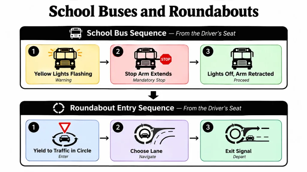 An infographic illustrating the sequential steps for school bus stop procedures and roundabout entry and navigation rules.