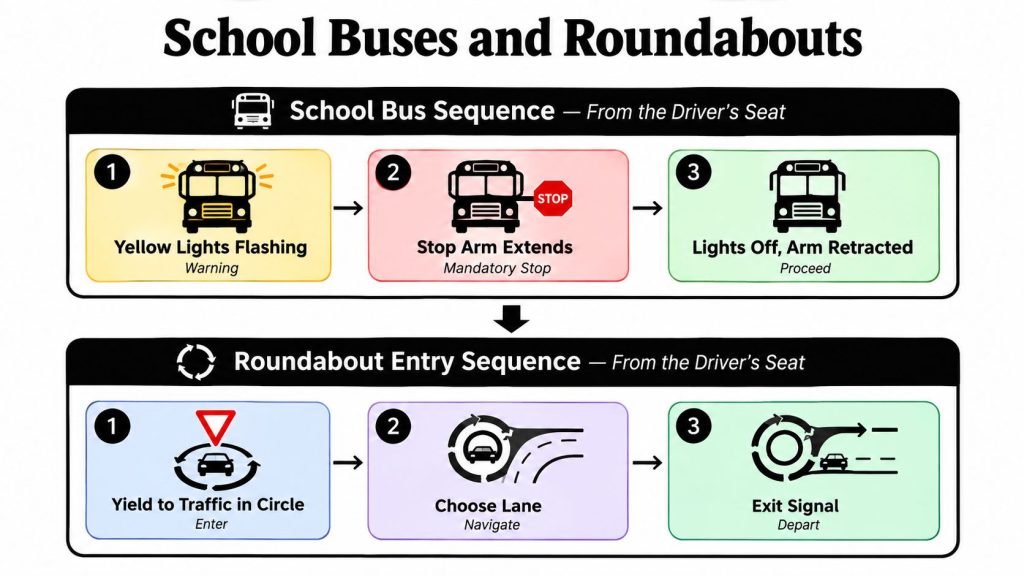 An infographic illustrating the sequential steps for school bus stop procedures and roundabout entry and navigation rules.