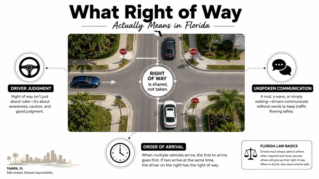 An infographic titled What Right of Way Actually Means in Florida, illustrating traffic safety rules at intersections.