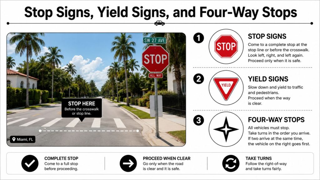 An educational infographic illustrating traffic rules for stop signs, yield signs, and four-way stops in Florida.