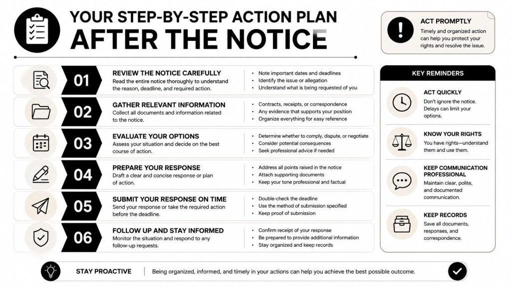 A six-step checklist infographic guide on how to handle and respond to receiving an official legal notice.