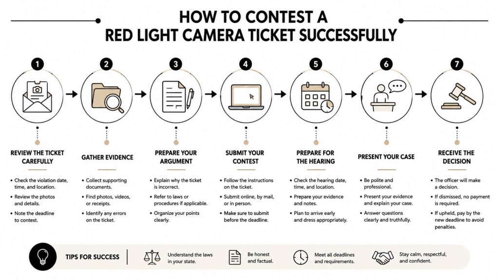 A step-by-step infographic illustrating the seven-stage process for successfully contesting a red light camera traffic ticket.