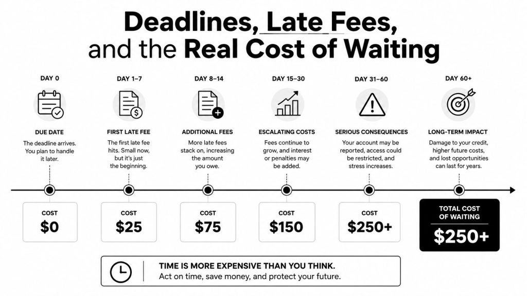 A timeline graphic illustrating how late fees escalate from zero dollars to over two hundred fifty dollars.
